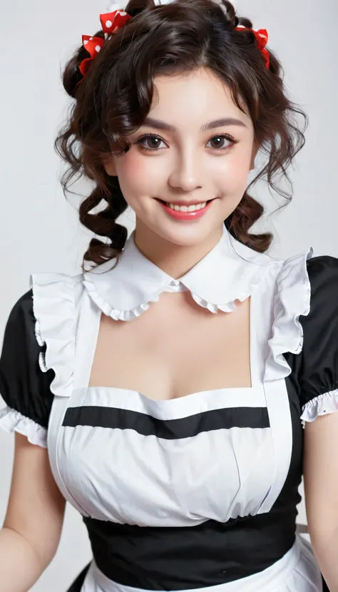 ((Beautiful maid:1.5),high resolution, Top quality),Dressed as a maid,Soft hands, Big bright eyes, Dark and Vibrant Curls, sweet smile, Red face, Soft Light, Pure white background.  