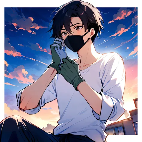 young man in white shirt,Student pants,black hair,Wear clear gloves and a mask.