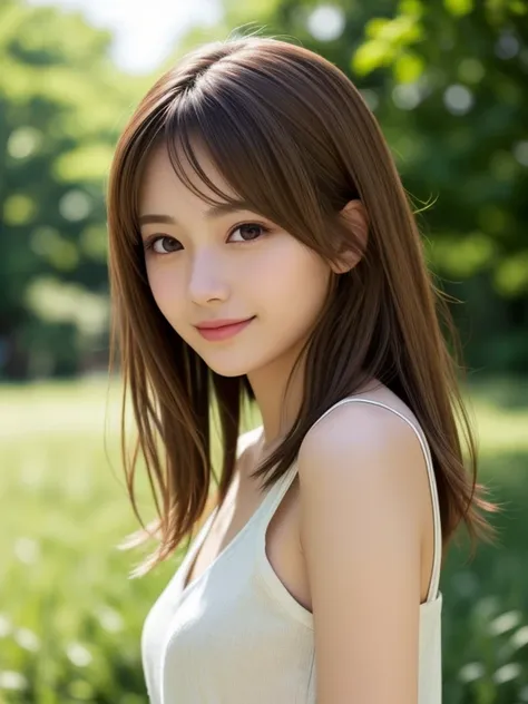 1 Japanese girl, (looking away:1.4), (upper body shot:1.2), Beautifully detailed eyeballs, Realistic digital painting of a woman portrait, Shy,  Cute, happy smile, brown eyes,  (medium Hair:1.1), (light brown brunette hair:1.3), (Highly detailed skin:1.2),...