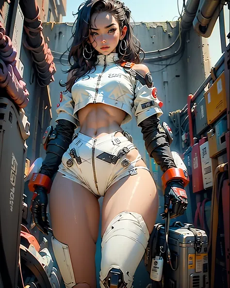 Woman body defined thick thighs cybernetic body parts, short underwear