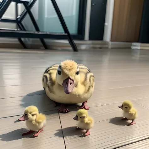 raw photo , 8K, ultra detailed, (realistic:1.2), (ducklings on the floor:1.2), reinopool