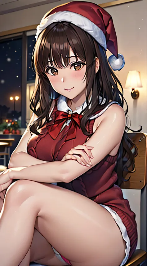 ((Tabletop, Highest quality, High resolution, , Pixel Perfect, 4K,))), 1 female teacher, single, alone, beauty、The whole body is visible、 ((Long Wavy Hair, bangs, Brown Hair)), ((Brown eyes, Beautiful eyelashes, Realistic eyes)), ((Detailed face, Blushing:...