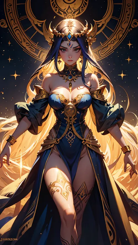 (the goddess of sand, beautifully decorated like in the movie, golden dress, shiny gold tattoo), (galactic shaman with quantum e...