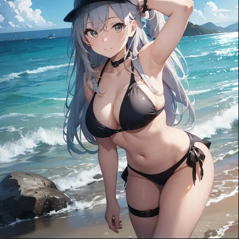 Silver-haired girl drawn in high resolution Japanese anime style、whole body、Women in yellow bikinis taking photos on a deserted beach, Bikini Model, , Young and cute gravure idol, Posing together in bras, Russian and Japanese mix, sakimichan, Asian woman, ...