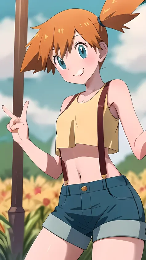 masterpiece, best quality, highres, 1girl, misty (pokemon), orange hair, solo, shorts, suspenders, side ponytail, orange hair, midriff, yellow crop top, navel, short hair, denim, denim shorts, smile, cowboy shot, standing, peace_sign, outdoors,