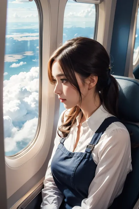 Beautiful woman looking out the window on an airplane, Fashionable outfits,  Clouds outside the window,