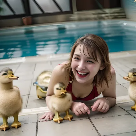 raw photo , 8K, ultra detailed, (realistic:1.2), (1girl), pool, (laugh:1.6),(bikini), (Spot-billed Ducklings:1.6),