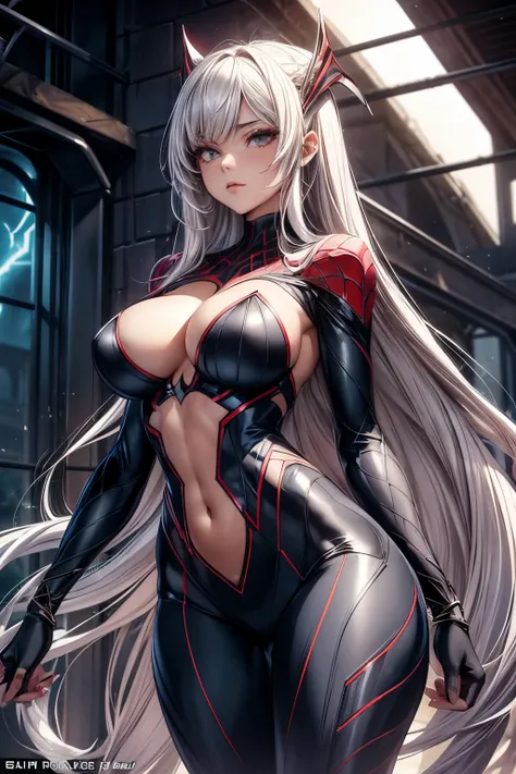 A breathtaking vision in a captivating ensemble, the beautiful girl dons a sleek and form-fitting Spider-Woman suit. The tight fabric perfectly contours her slender figure, accentuating her curvy silhouette and toned muscles. Her arms are adorned with intr...