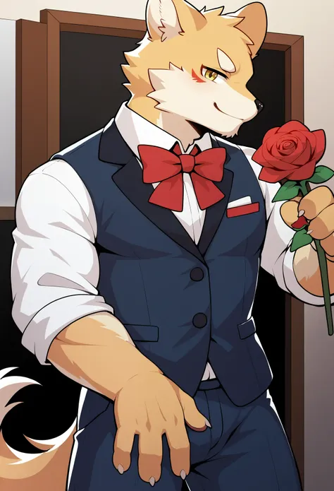 Watercolor elements, 1boy, kemono, furry, detailed body fur, animal face, animal hand, Handsome boy in tuxedo holding a red rose and looking at viewer,