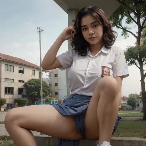 RAW, Best quality, high resolution, masterpiece: 1.3), Beautiful young indonesian girl with short wavy hair, big , sex pose, squat sitting showing vagina, open legs showing vagina, porn, creamy vagina, dildo on vagina, on a top,  ((senior high school cloth...