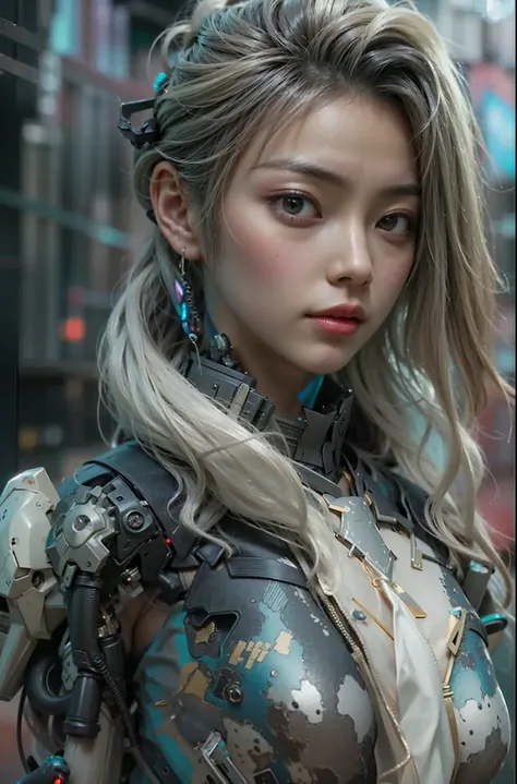 Dystopian night scene, very intricate details, Japanese woman wearing model-like armor, beautiful face, legs, cylinders that look like muscles, pose in motion, 8k, ultra high resolution, super realism, realistic photo, taken with Fuji film X-T30.+Nokton. H...