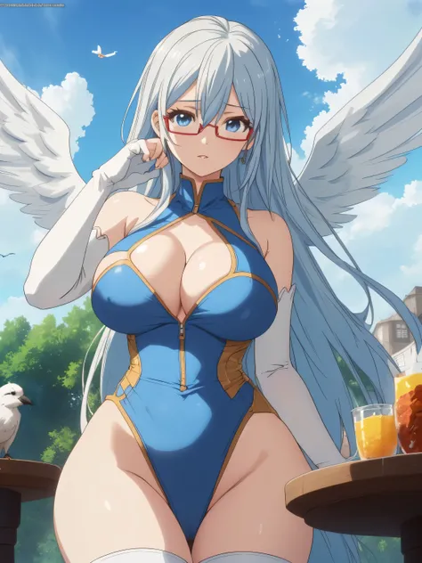 eleonora bonnefoy, sexy, (doggy style: 1.2), table top, (penetration: 1.2), silver hair, blue eyes, glamorous body, angel wings, (beautiful one-piece dress, pure white), (big breasts: 1.6), beautiful cleavage, (white elbow gloves), wide hips: 1.2, big ass:...