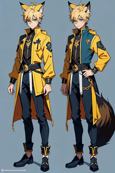 A male stylized character with fox-like features, including large pointed ears and a bushy tail tipped in yellow and using a gauntlet. The character has short blonde hair, blue eyes, and is dressed in a teal cropped jacket, black shorts. ( ( character conc...