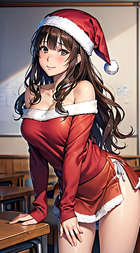 ((Tabletop, Highest quality, High resolution, , Pixel Perfect, 4K,))), 1 female teacher, single, alone, beauty、The whole body is visible、 ((Long Wavy Hair, bangs, Brown Hair)), ((Brown eyes, Beautiful eyelashes, Realistic eyes)), ((Detailed face, Blushing:...