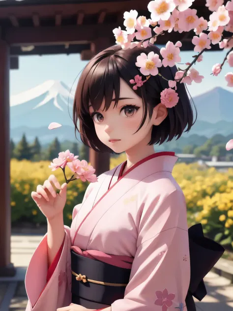 masterpiece, high quality, Very detailed, woman, short hair, hairpin, kimono, Spring flower, the wind is strong, Open the shrine, Pink petals, Fuji Mountain, Depth of written boundary, Blurred Background