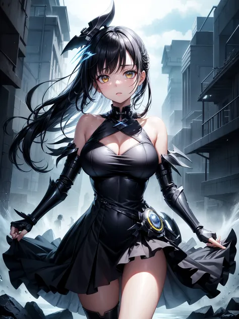 score_9、score_8_up、score_7_up、score_6_up、Source Anime、solo、Shiny skin、Disorganized、High resolution、Dark Theme、Low light、Are standing、Cowboy pose、、、(One girl、rover-wuwa、Black Hair、Yellow Eyes、hairpin、Black Dress、Are thin、Exposed shoulders、Big Breasts、Ready ...