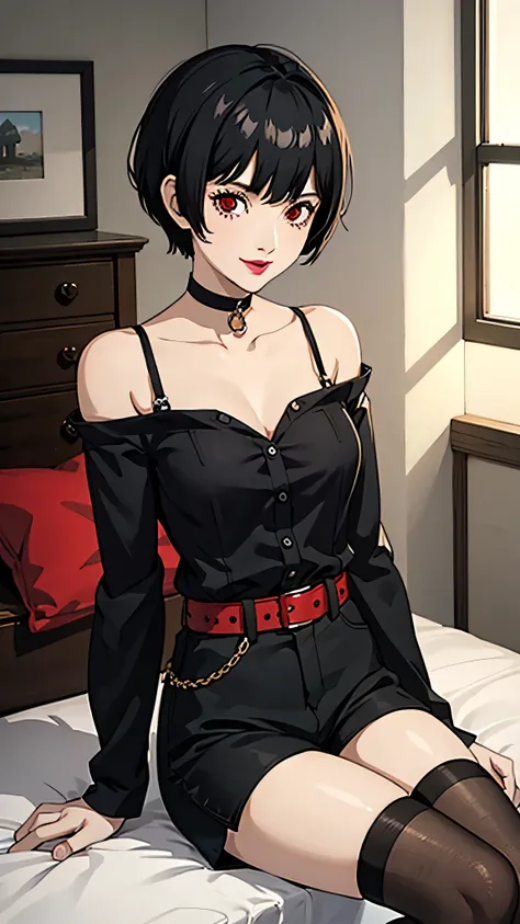 1 girl, Red eyes, very Short hair, black choker, lipstick, smile, black hair, female , tomboy Pixie haircut, long shirt, shorts, stockings, bedroom, cowboy shot, sit