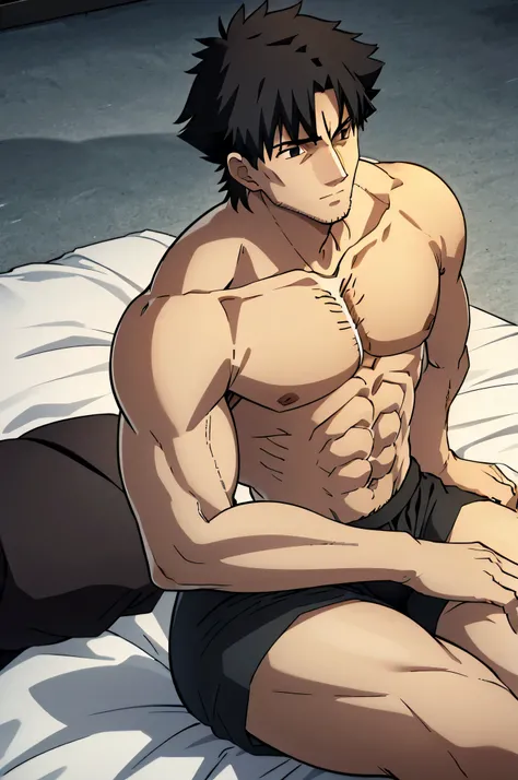 You are facing Kiritsugu Emiya in bed. He is only wearing black Calvin Klein boxers. His body is very muscular; his chest is sweaty, hairy, and massive. He has a serious look on his face, while cuddling.