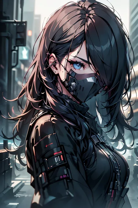 A woman wearing an eye patch, beautiful detailed eyes, beautiful detailed lips, extremely detailed eyes and face, longeyelashes, intricate cyberpunk outfit, futuristic neon city background, cinematic lighting, dramatic color palette, muted tones, moody atm...