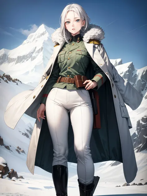 Score 9, Score_8_up, Score_7_up, portrait of a young adorable woman, white skin, grey hair, thin waist, narrow shoulders, wide hips, standing straight, heavy coat, soviet green military uniform, pants, holster on belt, snowy icefields background