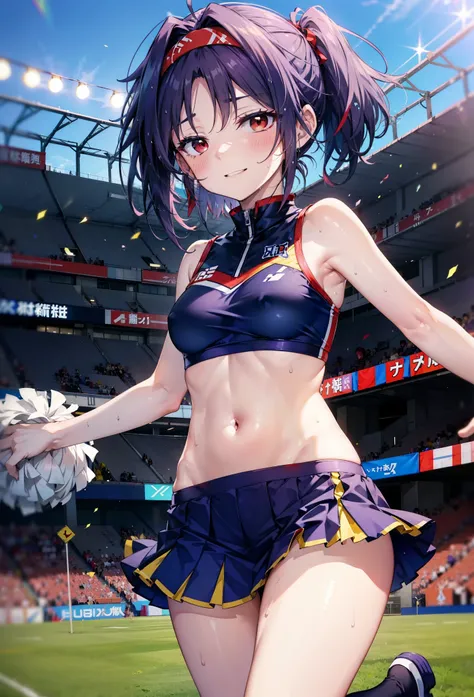 yuukikonno, yuuki konno, hair band, Long Hair, Pointed Ears, Purple Hair, (Red eyes:1.5), (Small breasts:1.2), Open your mouth wide,(Very delicate eyes), (cheer leading), (whole body),smile,blush,Lower, (Sweaty), Sweaty Wet Clothes, (Purple clothes), Pleat...