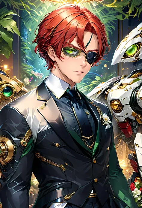 Arafed a picture of a human male spy, wearing dark suit, wearing ((mecha eye patch)), ((eye patch covering only one eye: 1.5))exquisite beautiful male, red hair, short crop hair, green eyes, eye patch has intricate mechanical part in it, high society gala ...