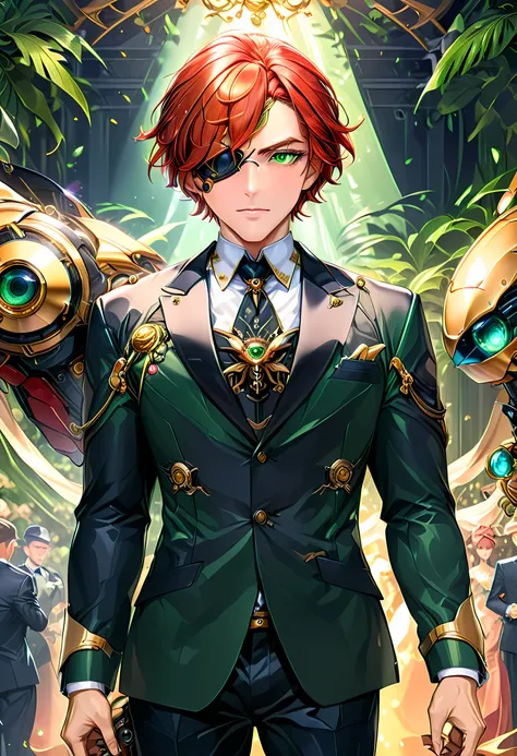 Arafed a picture of a human male spy, wearing dark suit, wearing ((mecha eye patch)), ((eye patch covering only one eye: 1.5))exquisite beautiful male, red hair, short crop hair, green eyes, eye patch has intricate mechanical part in it, high society gala ...