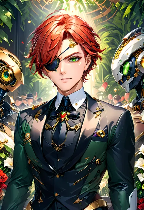 Arafed a picture of a human male spy, wearing dark suit, wearing ((mecha eye patch)), ((eye patch covering only one eye: 1.5))exquisite beautiful male, red hair, short crop hair, green eyes, eye patch has intricate mechanical part in it, high society gala ...