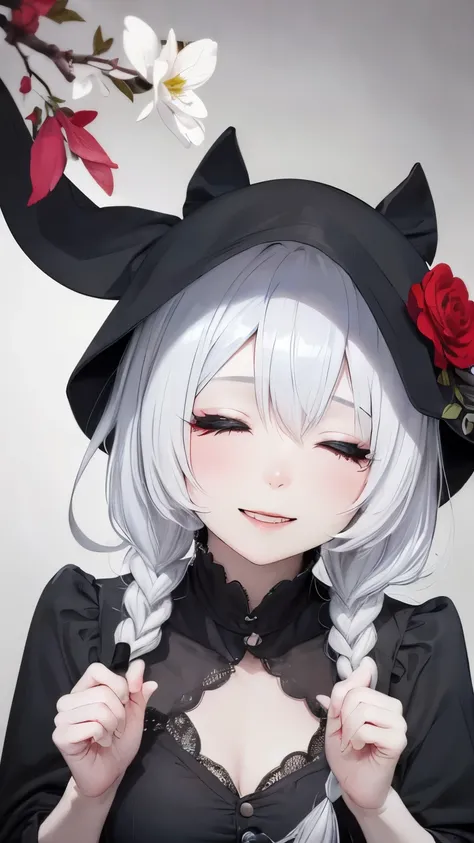 alone,1 female(cute,cute,10 years old,hair color is white,Braiding,Messy Hair,Dark eye color,Close your eyes and smile,White skin,Big smile,enjoy,whole body,Grim Reaper in a black robe,Holding a sickle and a skull,skip,Flower Hair Ornaments,Gray Hair),back...