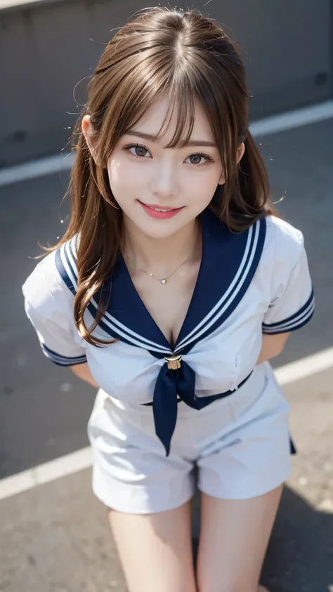 ((Sailor suit、Highest quality、Masterpiece、High resolution))、(((Zoom photo from above)))、(A shy smile:1.2)、One 15-year-old female、Beautiful Skin、Beautiful Eyes、Cleavage、Blonde Hair、semi-long