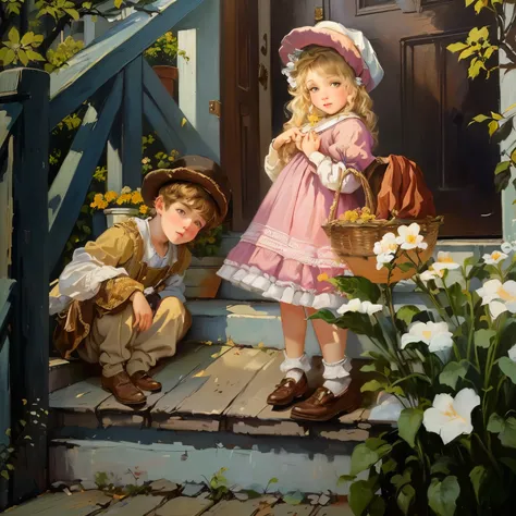 painting of a boy and a boy on the steps of a house, beautiful painting of friends, inspired Bob Byerly, Peasant boy and girl first kiss, Romantic of oil painting", Bob Byerly, Ultra humorous oil painting, Vladimir Baranov-Rossin, oil painting on canvas, i...