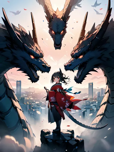 (masterpiece:1.2), best quality,On the go, No one is just background, Japans future city, dragons in the sky, Sunset and streamer