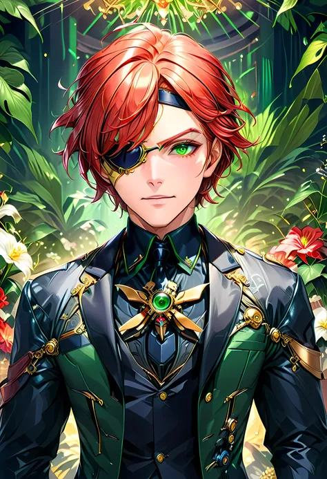 Arafed a picture of a human male spy, wearing dark suit, wearing ((mecha eye patch)), ((eye patch covering only one eye: 1.5))exquisite beautiful male, red hair, short crop hair, green eyes, ((the eye patch has intricate mechanical part in it: 1.4)), high ...