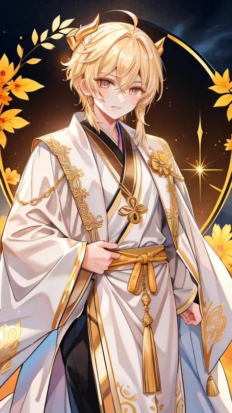 Mature handsome boy、blond hair、Golden mighty dragon horn、Golden Eyes、gem pupil,dragon pupils、Handsome robe、Elegant smile、Gentleman's demeanor、Royal palace background、A golden dagger hovering on the fingertips