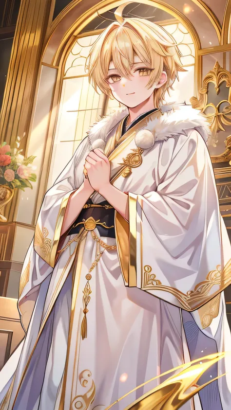 Mature handsome boy、blond hair、Golden mighty dragon horn、Golden Eyes、gem pupil,dragon pupils、Handsome robe、Elegant smile、Gentleman's demeanor、Royal palace background、A golden dagger hovering on the fingertips
