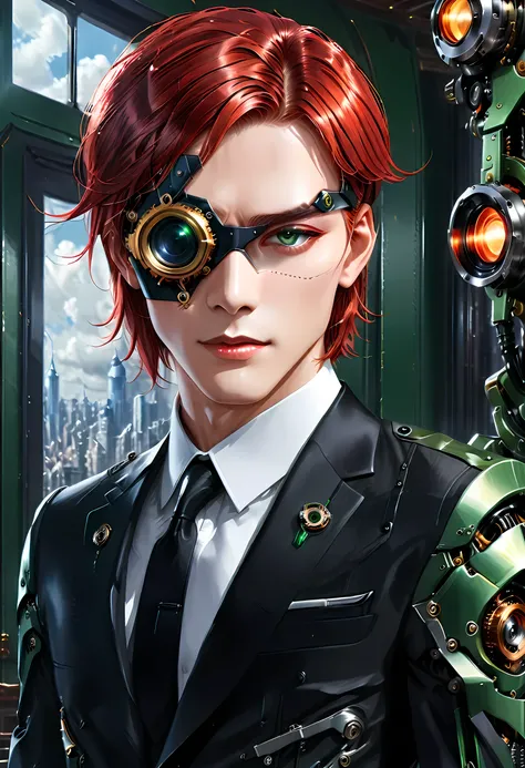 Arafed a picture of a human male spy, wearing dark suit, wearing ((mecha eye patch)), ((eye patch covering only one eye: 1.5))exquisite beautiful male, red hair, short crop hair, green eyes, ((the eye patch has intricate mechanical part in it: 1.4)), high ...