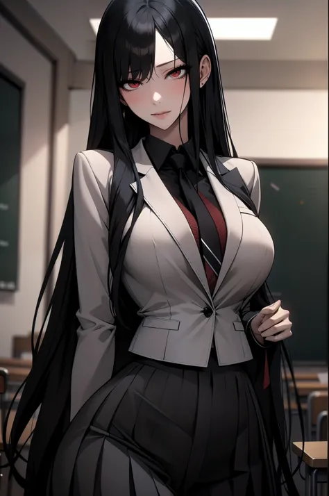 a young woman with long black hair and striking red eyes is wearing a traditional school uniform. she stands confidently, lookin...