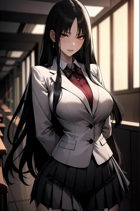 a young woman with long black hair and striking red eyes is wearing a traditional school uniform. she stands confidently, lookin...