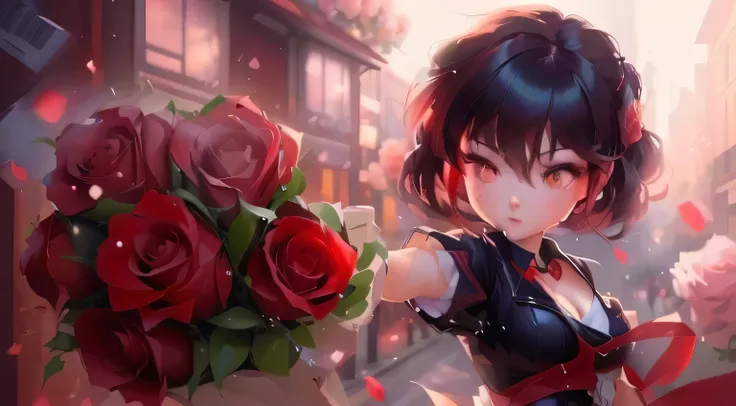 Brown-haired anime girl holding a bouquet of red roses, Stylized anime, Anime cute art style, Anime style 4k, High-quality anime art style, Roaring Rose, Anime style, 4k anime wallpaper, Actress, Artwork in the style of Guweiz, Inspired by Li Shida, Produc...