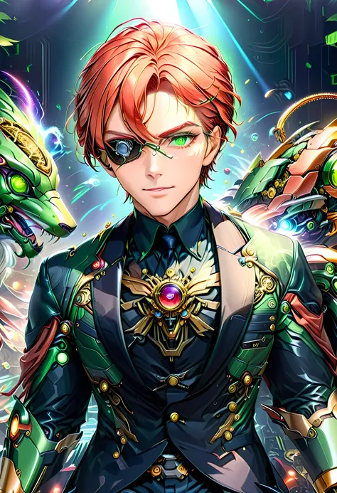 Arafed a picture of a human male spy, wearing dark suit, wearing ((mecha eye patch)), ((eye patch covering only one eye: 1.5))exquisite beautiful male, red hair, short hair, green eyes, ((the eye patch has intricate mechanical part in it: 1.4)), high socie...