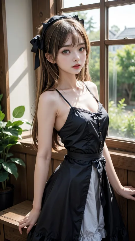 anime character dressed in Maid outfit standing in front of a window, anime girl in a Maid costume, Maid outfit, gorgeous Maid, Maid, Beautiful and detailed art, Maid dress, Slender body line, Small and slender figure, Beautiful breasts, Small beautiful bu...