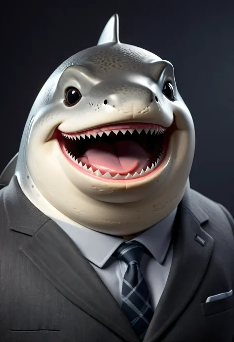 face close up photo of anthropomorphic fat shark ,(beak), (furry), dressed in a dark gray suit, (sticking out tongue:1.5),(happy smile:1.5),(playful:1.2), soft lighting, Cinematic, hdr, primitive, Intricate, High quality, smoothing tones, Intricate details...