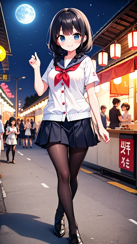 {Highest quality], [Super beautiful], [Ultra fine], [Best illustration], NSFW,Black Hair,Braid,Clear,With bangs, girl,Sailor suit,knit cardigan,Short sleeve,skirt,smile,Slender women,walk,(Public),Night Park,Summer festival,diagonal,black tights,Black loaf...