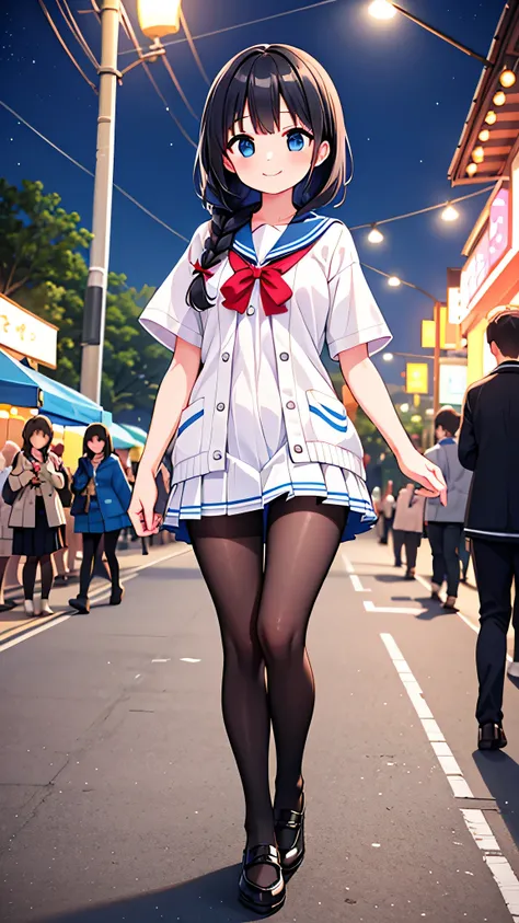 {Highest quality], [Super beautiful], [Ultra fine], [Best illustration], NSFW,Black Hair,Braid,Clear,With bangs, girl,Sailor suit,knit cardigan,Short sleeve,skirt,smile,Slender women,walk,(Public),Night Park,Summer festival,diagonal,black tights,Black loaf...