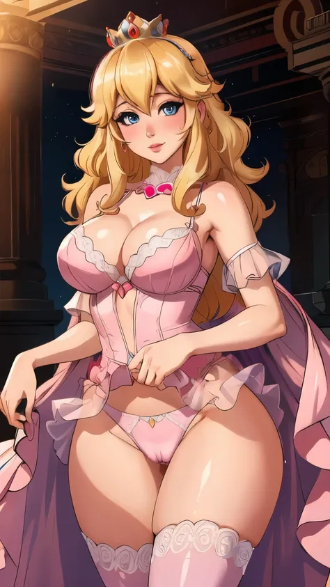 perfect lighting, highly detailed, intricate details, 8k, HDR, best quality,  under covers, cleavage, pink lingerie, cameltoe, princess Peach, blue eyes, crown, looking at viewer, seductive look