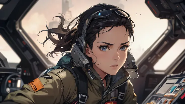 A female pilot from Arafed looks at the camera in the cockpit, Artjam and Athi Gairan, makoto shinkai ( Apex Legends ), Vojtek Fuss, Pilot Girl, Artgerm JSC, Gweiz-style artwork, cute Pilot Girl, Lostrun 8k, Stanley Artjam Lau, Artgerm and Craig Mullins