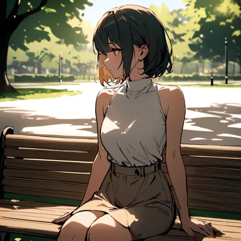 High res, masterpiece, 1girl, short hair  , sit in park ,wearing 