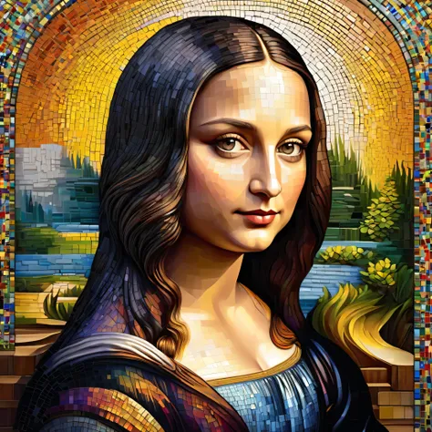 concept art mosaic, lass, face close up, wearing multicolored shirts, . Digital Artwork, exemplary, conversationally, matte painting, very detailed, painting of mona lisa