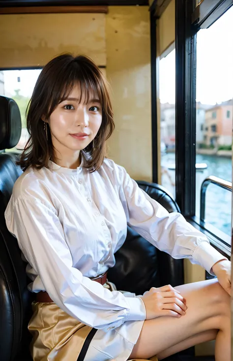 ((A luxurious white shirt and luxurious white panties:1.4))、(Hair tied up、Woman riding a gondola in Venice、Woman toasting with a red Venetian glass:1.4).Woman in a gondola in Venice、Light brown hair、Elegant hairstyle、Blue Eyed Woman、A woman with a cute upw...