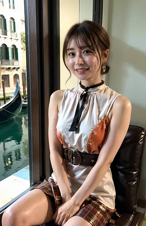 ((A luxurious white shirt and luxurious white panties:1.4))、(Hair tied up、Woman riding a gondola in Venice、Woman toasting with a red Venetian glass:1.4).Woman in a gondola in Venice、Light brown hair、Elegant hairstyle、Blue Eyed Woman、A woman with a cute upw...